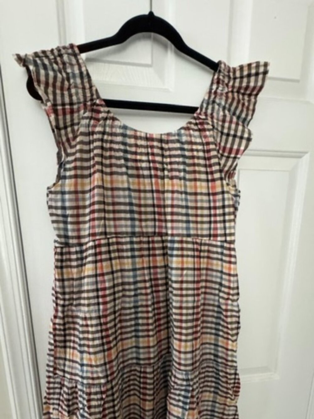 LOFT MULTICOLORED PLAID TIERED MIDI DRESS